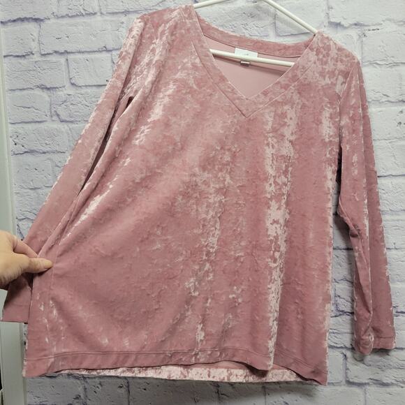 J Jill Crushed Velour Popover Top Size MP Mauve Rose Pink V-Neck Stretchy - Picture 4 of 8
